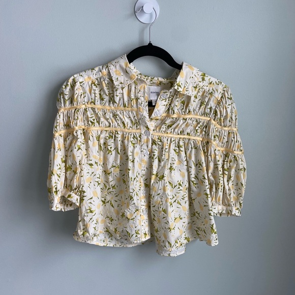 Maeve Anthropologie Leandra Top Yellow Green Floral Blouse Smocked Button Size S - Picture 4 of 8
